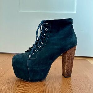 Jeffrey Campbell Lita Platform Boots, Navy Blue Suede Wood Heel, Lace-Up Booties